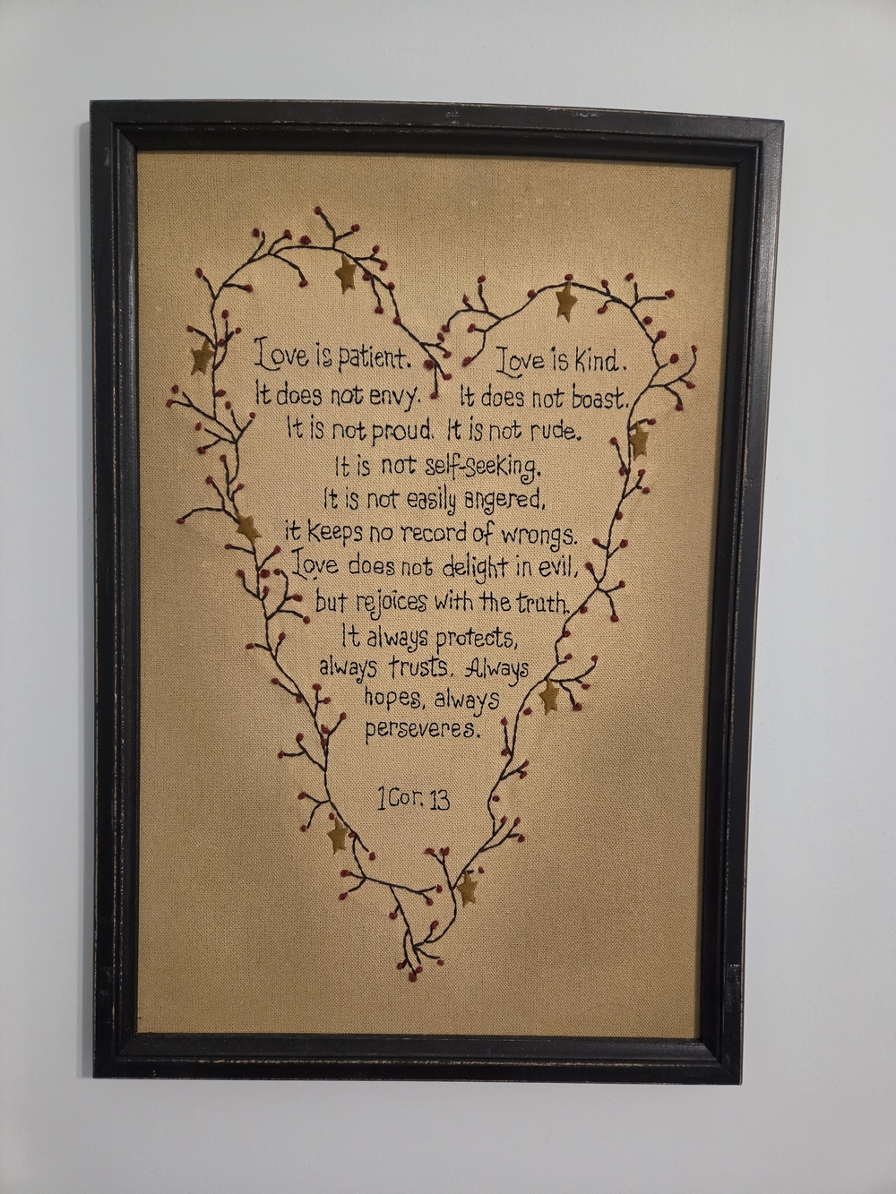 Framed Burlap Heart I Cor 13 Scripture Wall Art